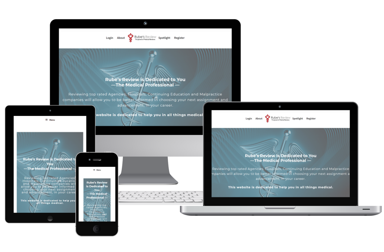 Responsive view of Rube's Review website on 4 different size devices. 