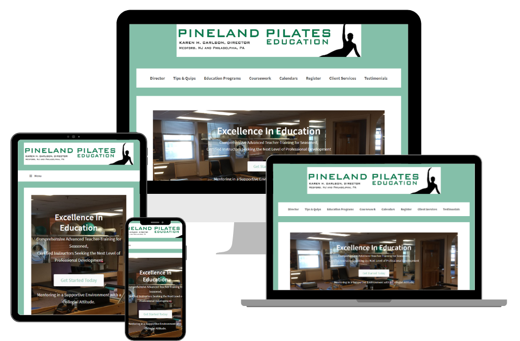 Showing pinelandpilates.com website on various size displays