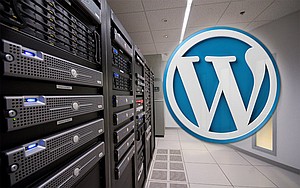 Closeup of racks of computer servers next to WordPress logo.