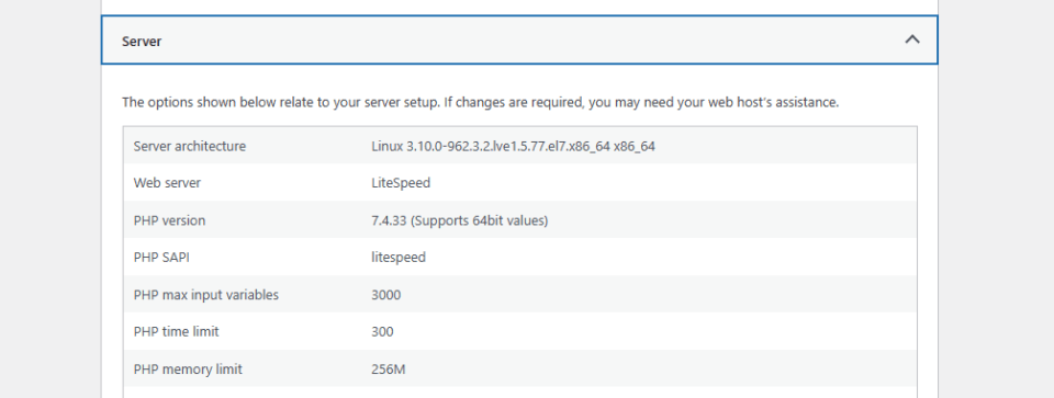 Screenshot of WordPress dashboard showing Health Check Info screen PHP 7.4 server section.