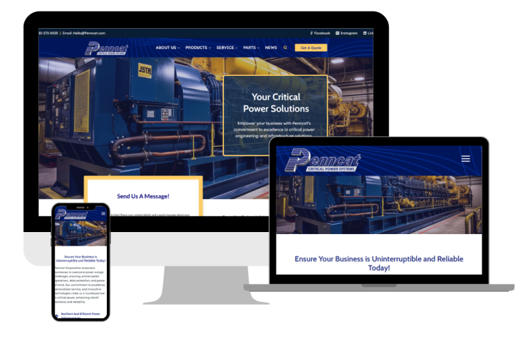 Responsive image of penncat.com website showing desktop, tablet and mobile phone layouts.
